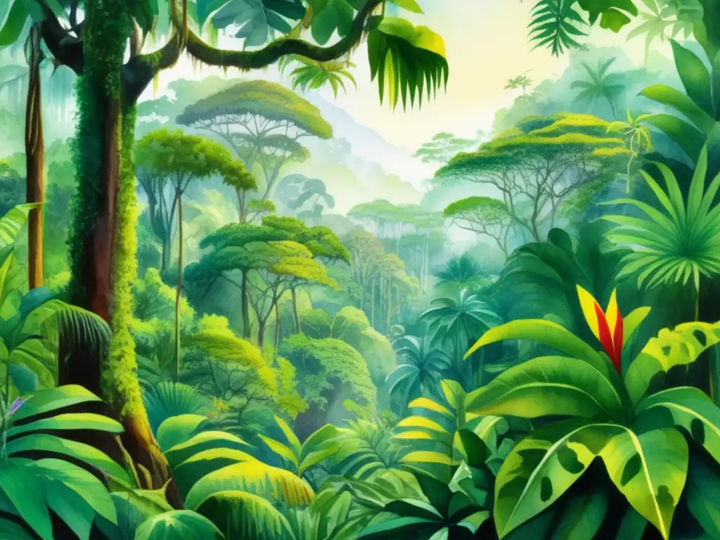 Pintura acuarela: selva tropical exuberante con plantas exóticas y coloridas