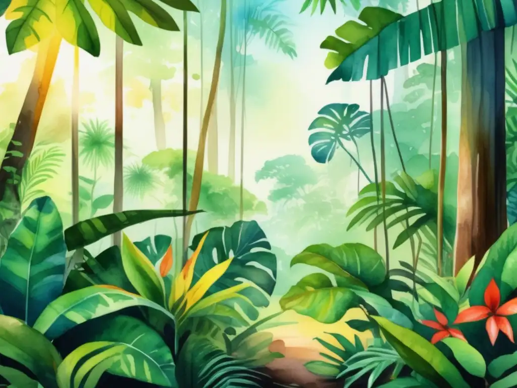 Un exuberante bosque tropical con una variedad abundante de plantas medicinales y culinarias