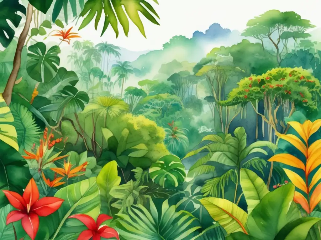 Ilustración detallada de una selva tropical exuberante, con una amplia variedad de especies de plantas