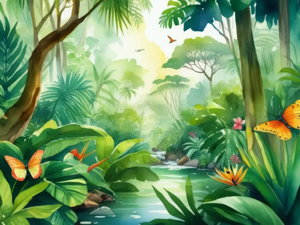 Ilustración detallada de una exuberante selva tropical, con árboles altos cubiertos de frondoso follaje verde, creando un denso dosel