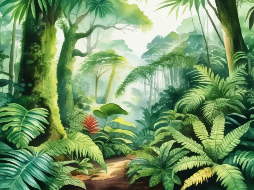 Ilustración detallada de una exuberante selva tropical llena de plantas vibrantes y diversas