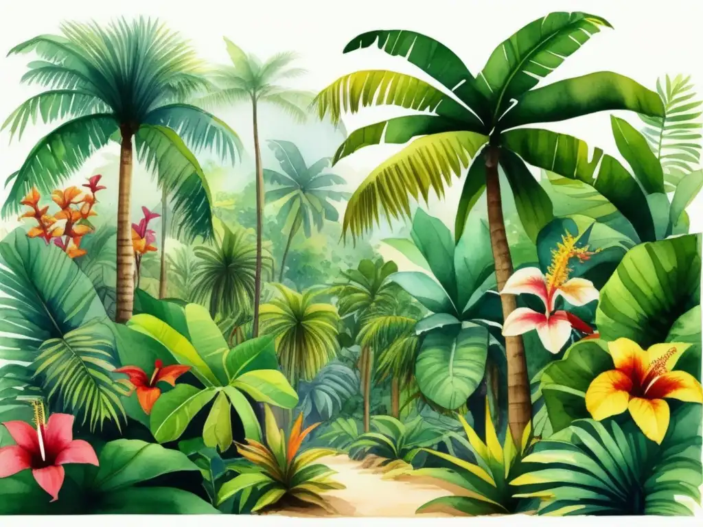 Ilustración acuarela ultradetallada de una exuberante escena de selva tropical, destacando la biodiversidad y morfología de plantas tropicales