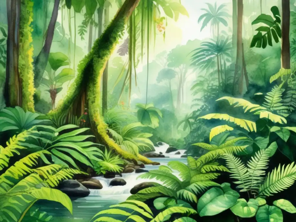 Ilustración acuarela detallada de selva tropical con plantas amenazadas en la Lista Roja