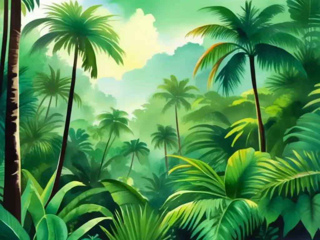 Escena de bosque tropical con plantas exuberantes, cascada y aves coloridas - Beneficios de la fotosíntesis en plantas tropicales