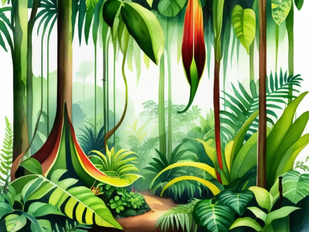 Ilustración acuarela fascinante de selva tropical con plantas carnívoras y adaptaciones únicas