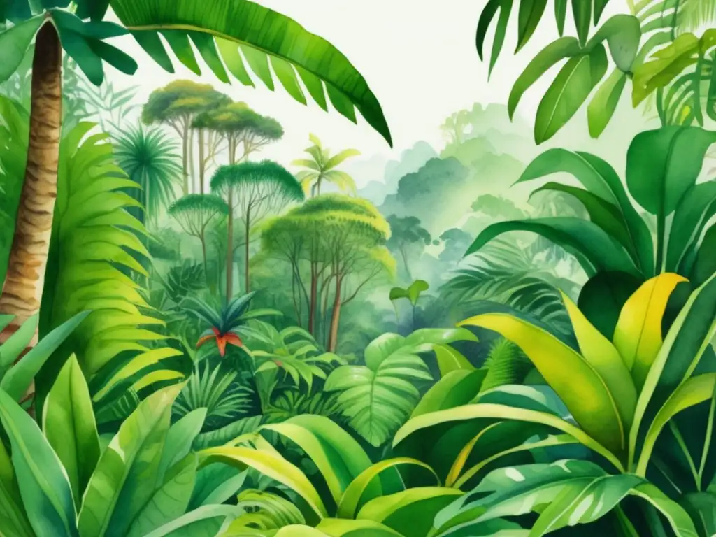 Exuberante ilustración acuarela de selva tropical con epífitas Ciclo vida plantas epífitas en exuberante bosque tropical