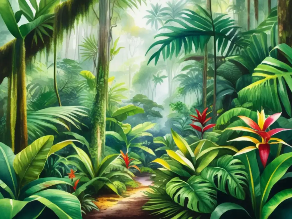 Plantas exóticas en literatura de viajes: Lush rainforest with vibrant vegetation, towering trees, and unique plant species