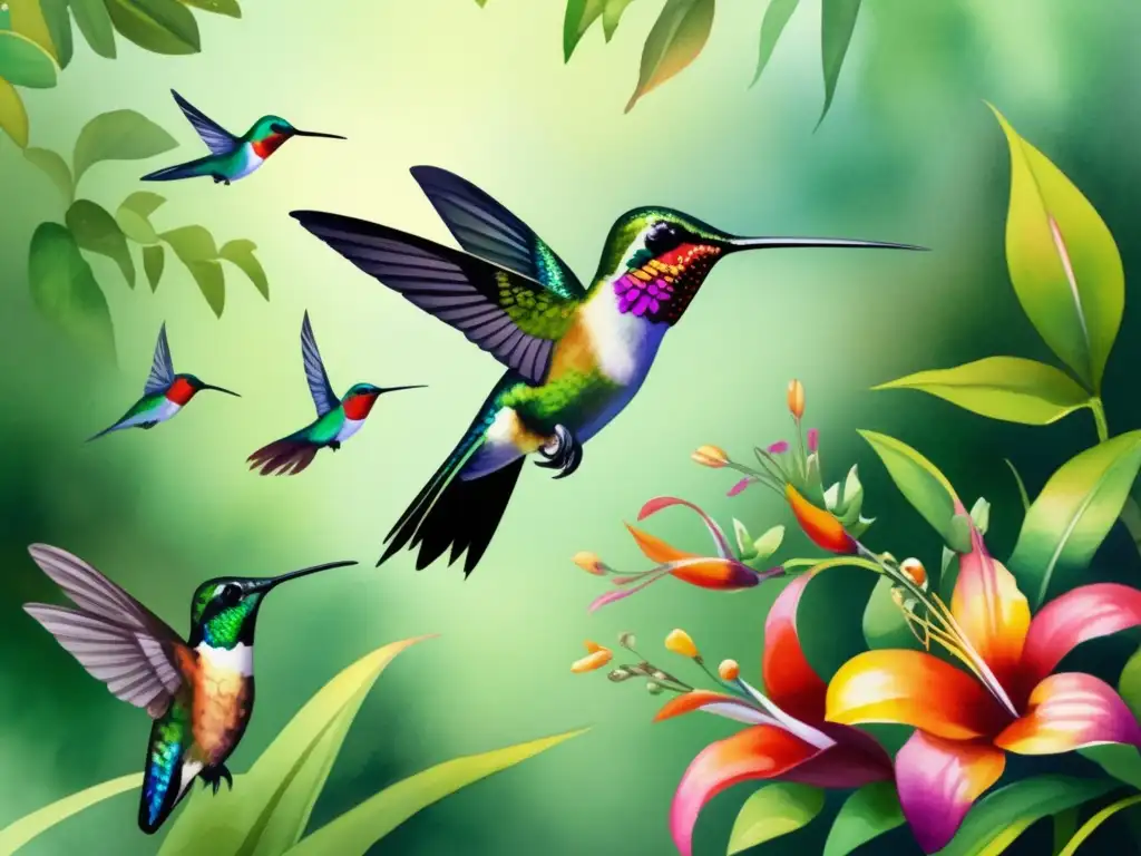 Lush tropical rainforest with vibrant flowers and buzzing hummingbirds - Relación colibríes flores tropicales historia