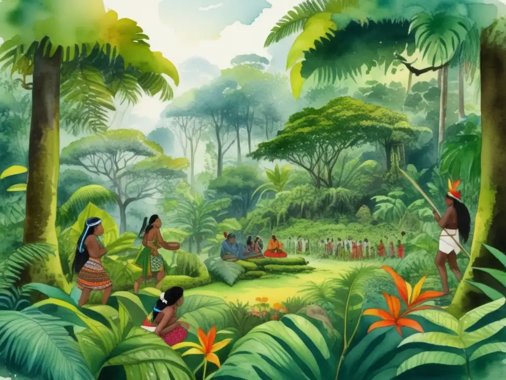 Ilustración acuarela de selva tropical con tribus indígenas y plantas, destacando importancia histórica (110 caracteres)