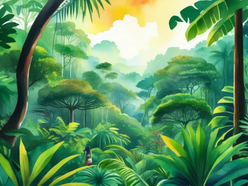 Importancia plantas sagradas en tradiciones indígenas: exuberante ilustración acuarela de bosque tropical, lleno de vida vegetal diversa