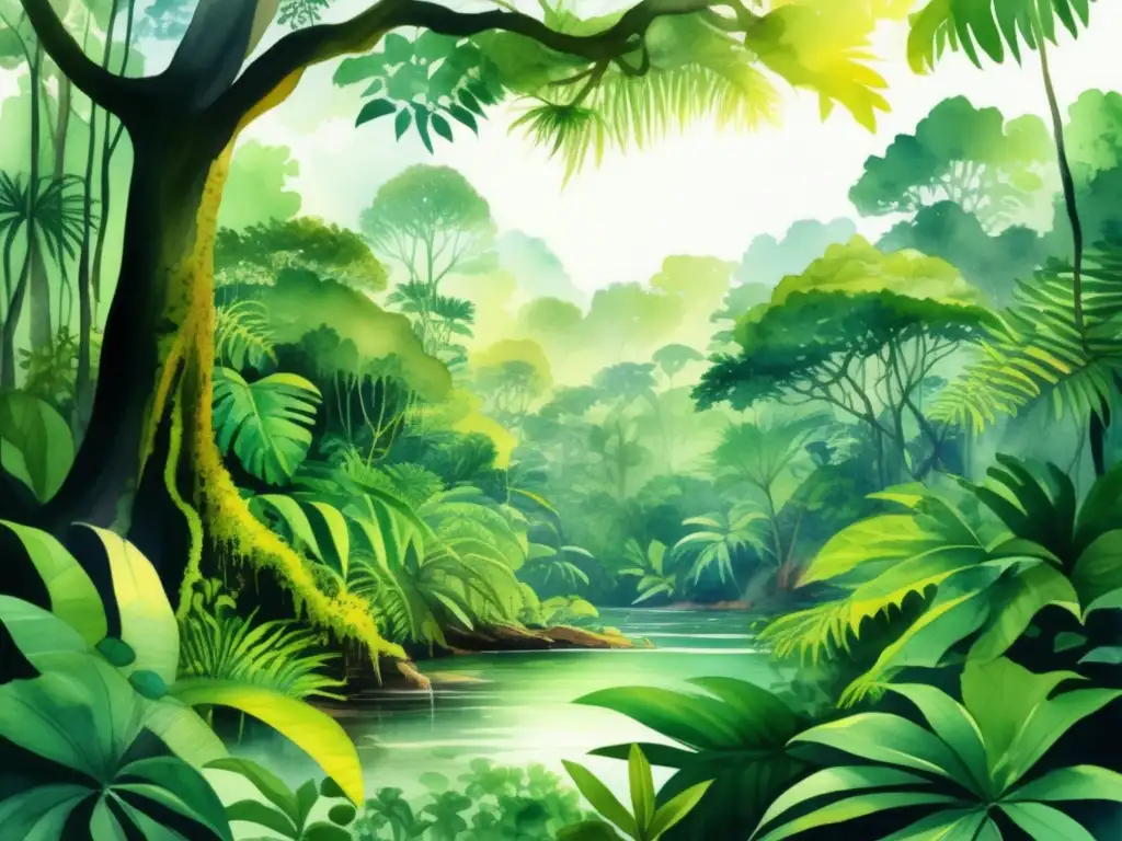 Ilustración acuarela detallada de una exuberante selva tropical con plantas medicinales