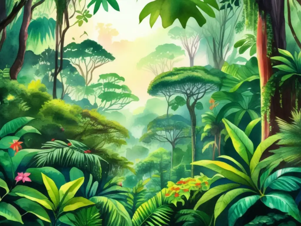 Ilustración acuarela ultra detallada de una exuberante selva tropical, muestra la variedad de plantas en la jungla