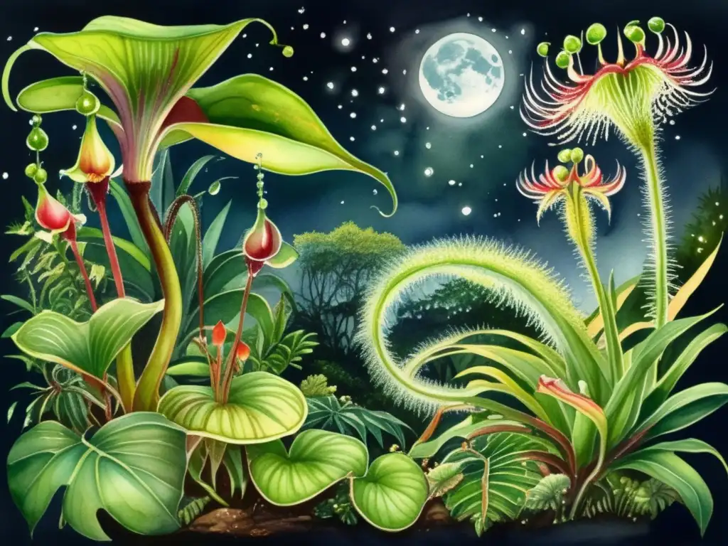 Plantas carnívoras caza nocturna en selva tropical con luna llena