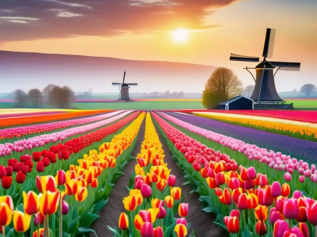 Paisaje holandés con tulipanes en plena floración: impacto cultural tulipanes Países Bajos