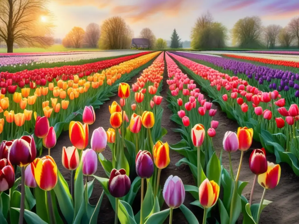 Impacto cultural tulipanes en Países Bajos: hermoso campo de tulipanes multicolores, símbolo de la historia y cultura del país