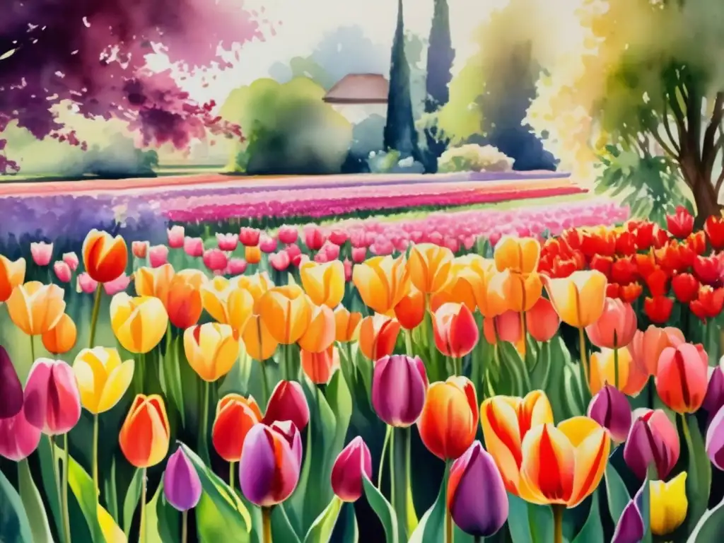 Pintura acuarela de jardín de tulipanes vibrante en floración: Historia mítica del Tulipán en Turquía