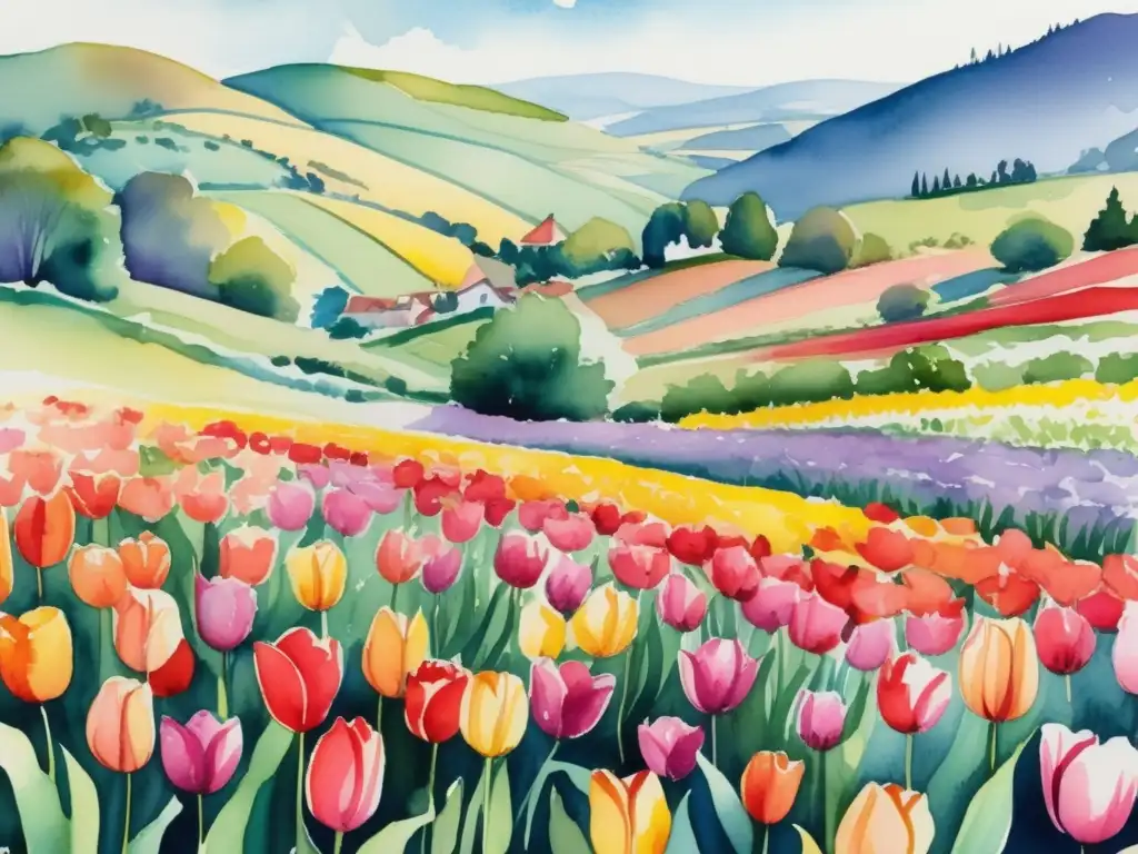 Ilustración acuarela vibrante de un campo de tulipanes en plena floración, rodeado de colinas y cielo azul