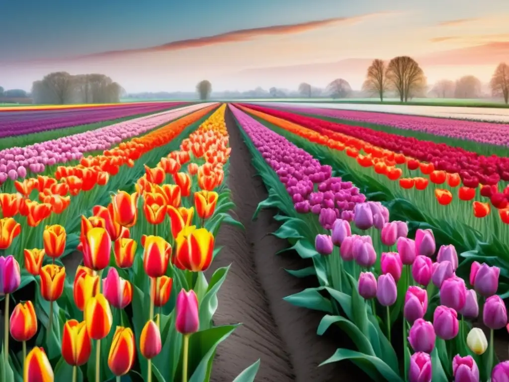 Pintura acuarela: Jardín tulipanes vibrantes en Países Bajos - Historia y cultura de los tulipanes