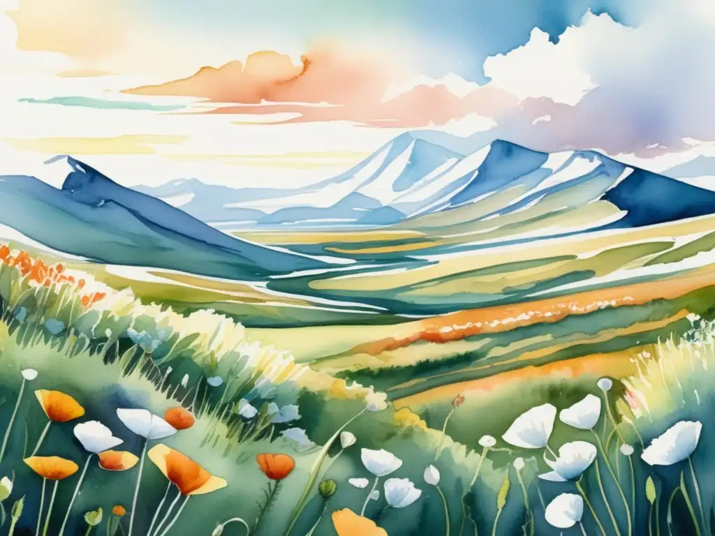 Adaptaciones morfológicas de plantas tundra en ilustración acuarela de la vasta tundra con vida vegetal vibrante y paisaje sereno