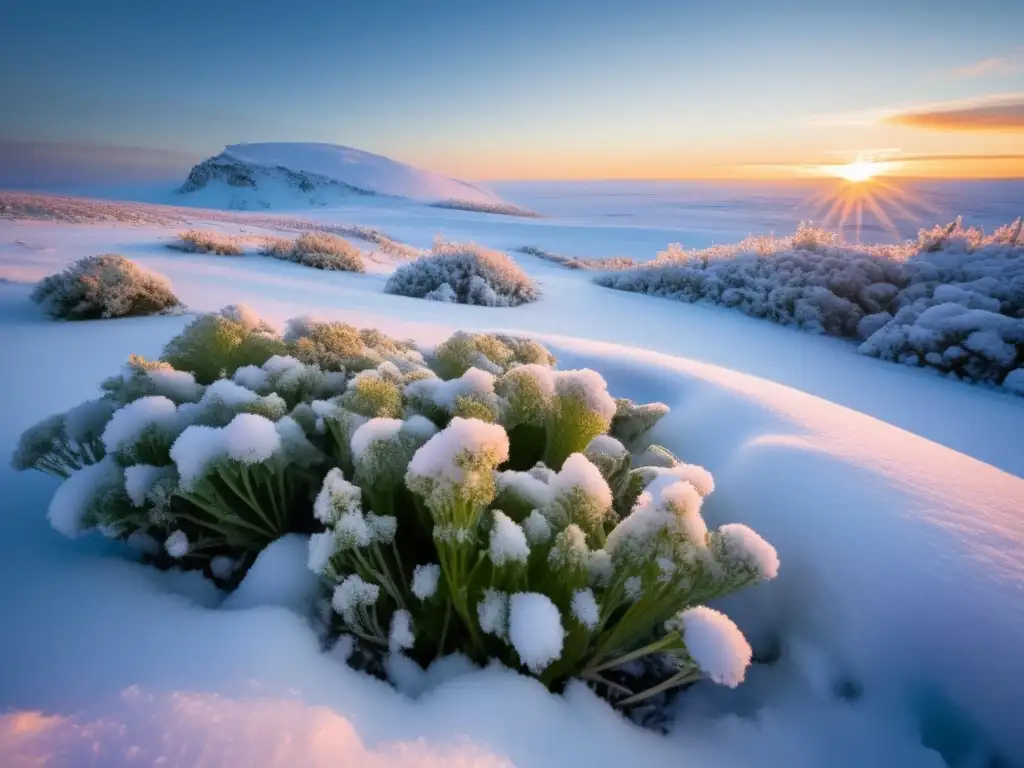 Adaptaciones plantas tundra al frío: paisaje blanco de nieve, plantas verdes con cristales de hielo, montañas nevadas