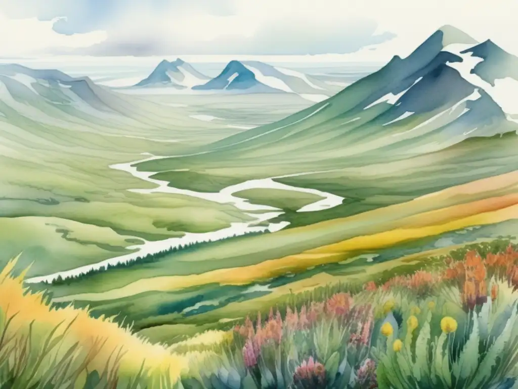 Ilustración detallada de la tundra con plantas A, B y C, destacando adaptaciones morfológicas en ambiente árido