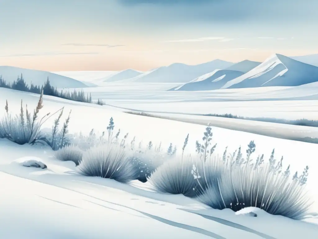 Ciclo vida plantas Tundra: escena tundra invernal con plantas resilientes y colores serenos