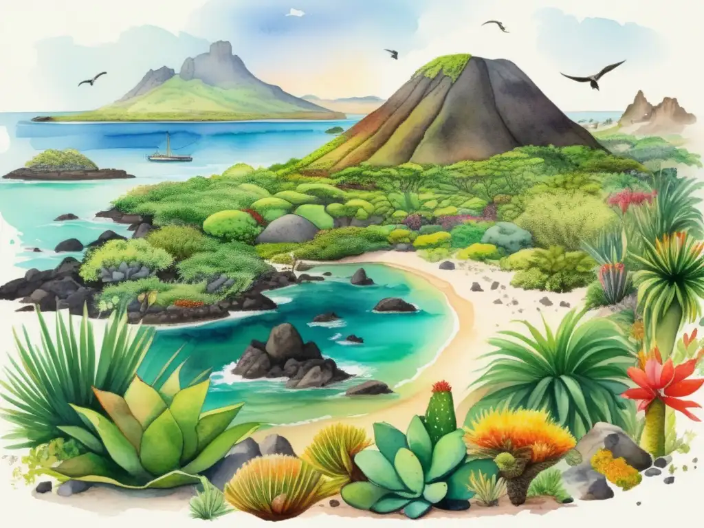 Plantas endémicas Islas Galápagos: Vegetación exuberante de las Islas Galápagos con colores vibrantes y detalles intrincados