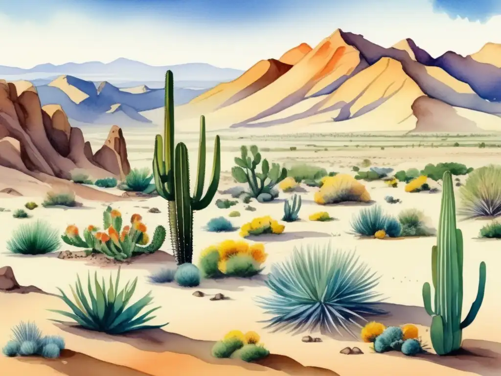 Plantas únicas desierto Gobi: ilustración acuarela de la diversa vegetación y colores vibrantes destacando cactus, arbustos y flores silvestres