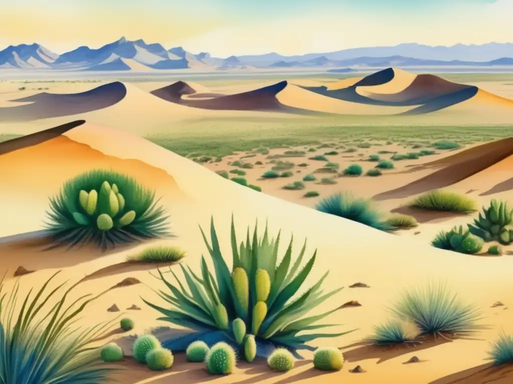 Ilustración vibrante de la vegetación única del desierto Gobi: plantas únicas en condiciones extremas