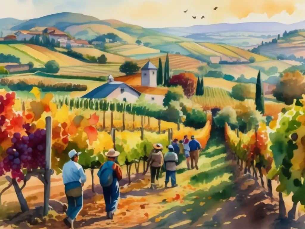 Historia de la viticultura mundial: imagen 8k detallada de una viña exuberante en época de cosecha, con colores vibrantes y hojas doradas en las vides que se extienden hasta donde alcanza la vista