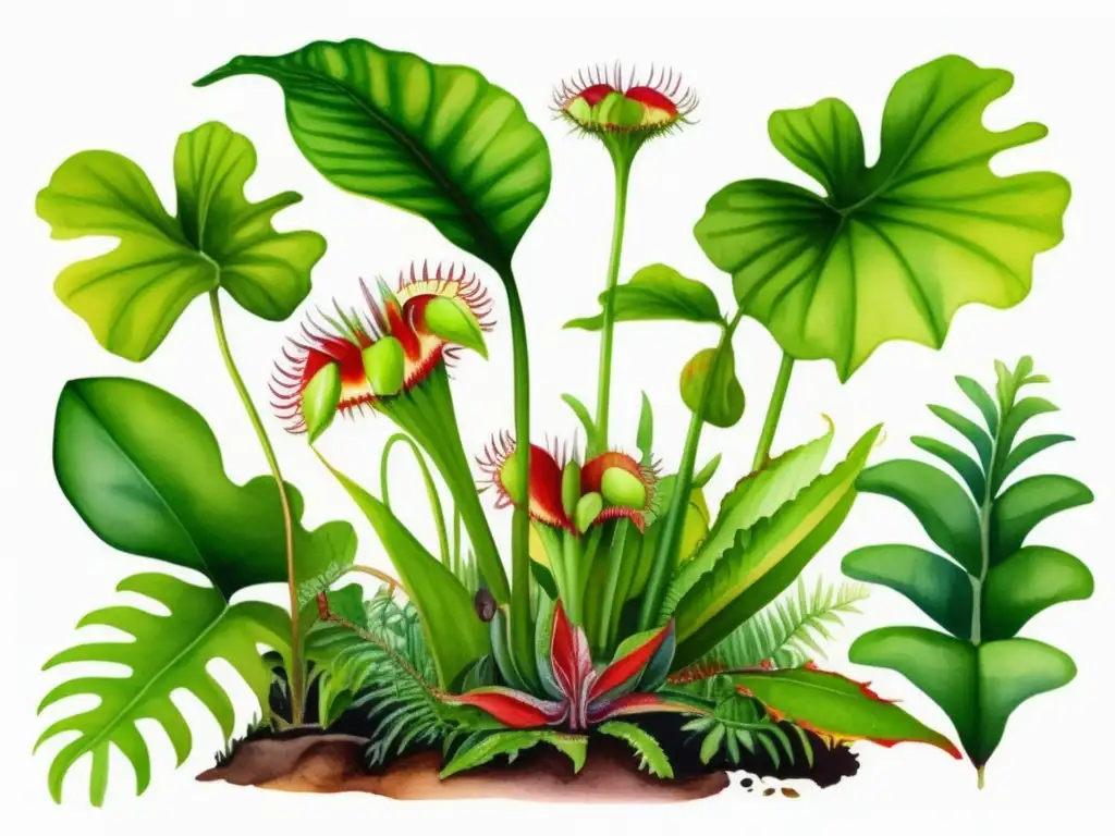 Plantas carnívoras: anatomía y diversidad en ilustración acuarela de una exuberante selva tropical