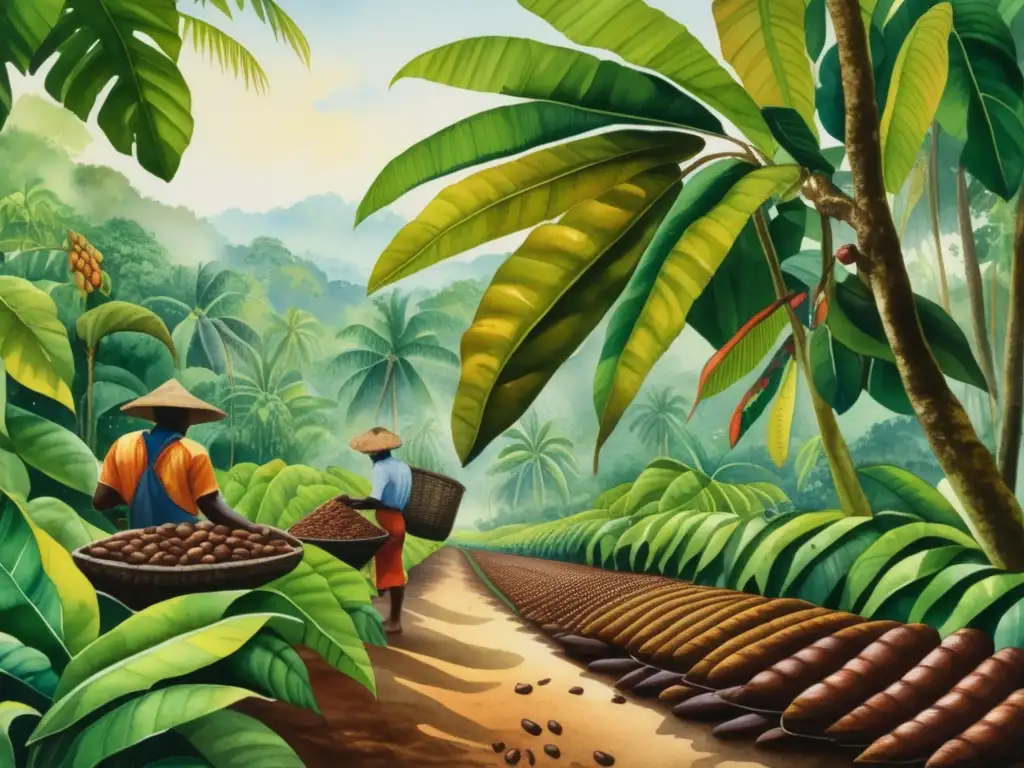 Historia y proceso del cacao: una exquisita pintura acuarela muestra el viaje del cacao, desde la cosecha hasta la fermentación