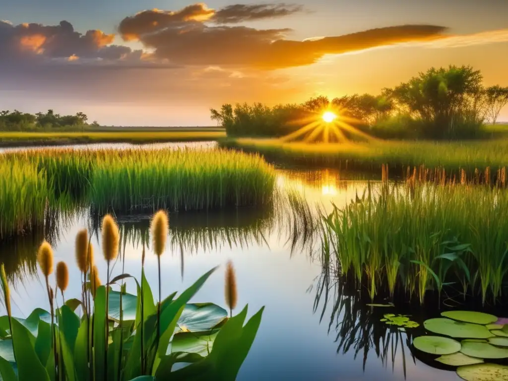 Ciclo vida plantas pantanos: imagen asombrosa de un pantano vibrante y exuberante, con juncos altos y delgados, lirios flotantes y árboles majestuosos