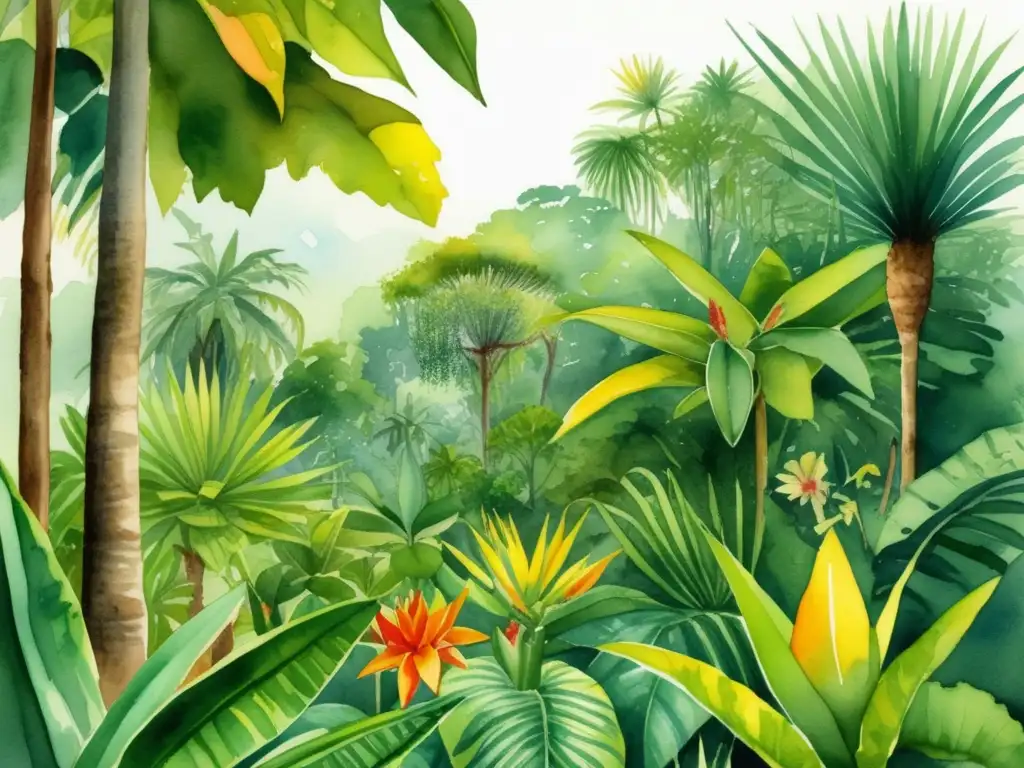 Ilustración acuarela de plantas medicinales tropicales y su biodiversidad en un exuberante y vibrante bosque tropical