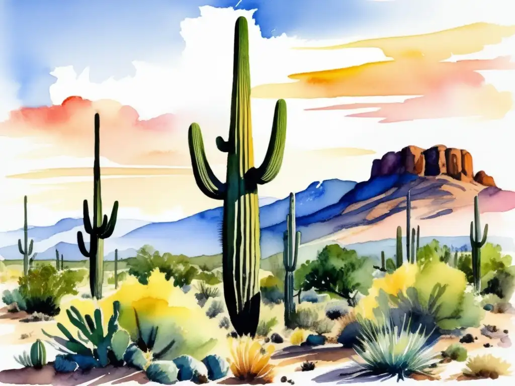 Importancia de plantas en desiertos: pintura acuarela captura esencia vida desértica con vibrantes colores y pinceladas delicadas