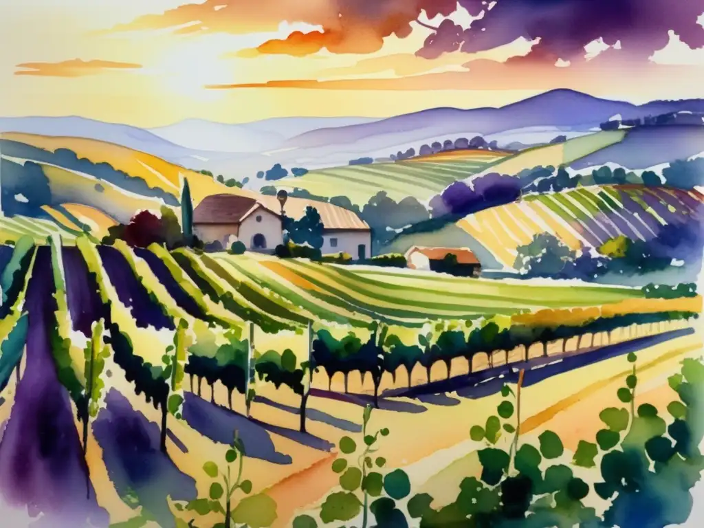 Un viñedo exuberante bajo un atardecer dorado, con uvas maduras en tonos púrpura y verde