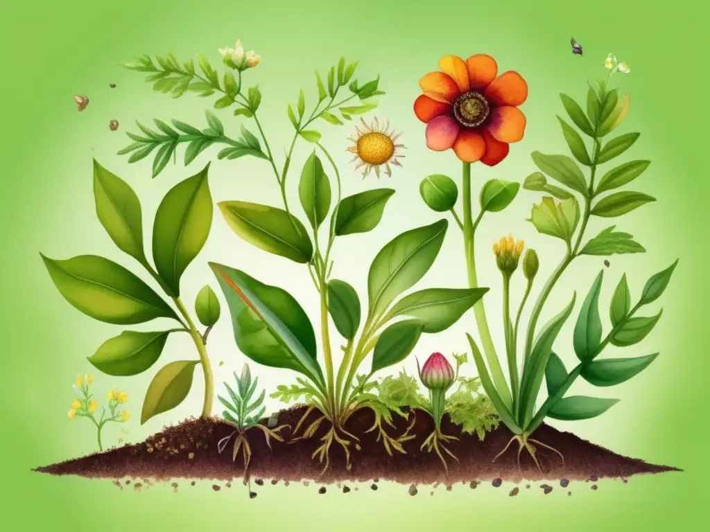 Ciclo de vida detallado de las plantas: ilustración acuarela vibrante con colores ricos y detalles intricados