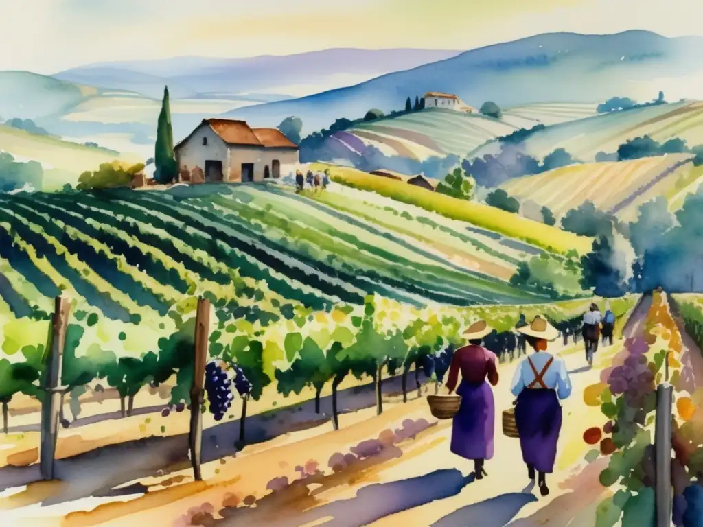 Historia de la viticultura: Imagen impresionante de una pintura acuarela que muestra un paisaje pintoresco de viñedos durante la temporada de cosecha