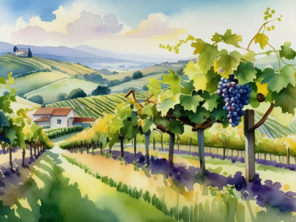 Historia de la viticultura mundial: Viñedo exuberante y detallado con uvas y bodega encantadora