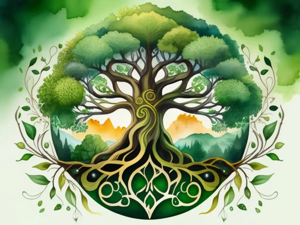 Pintura acuarela detallada del árbol Yggdrasil: significado y simbolismo del árbol en mitología nórdica