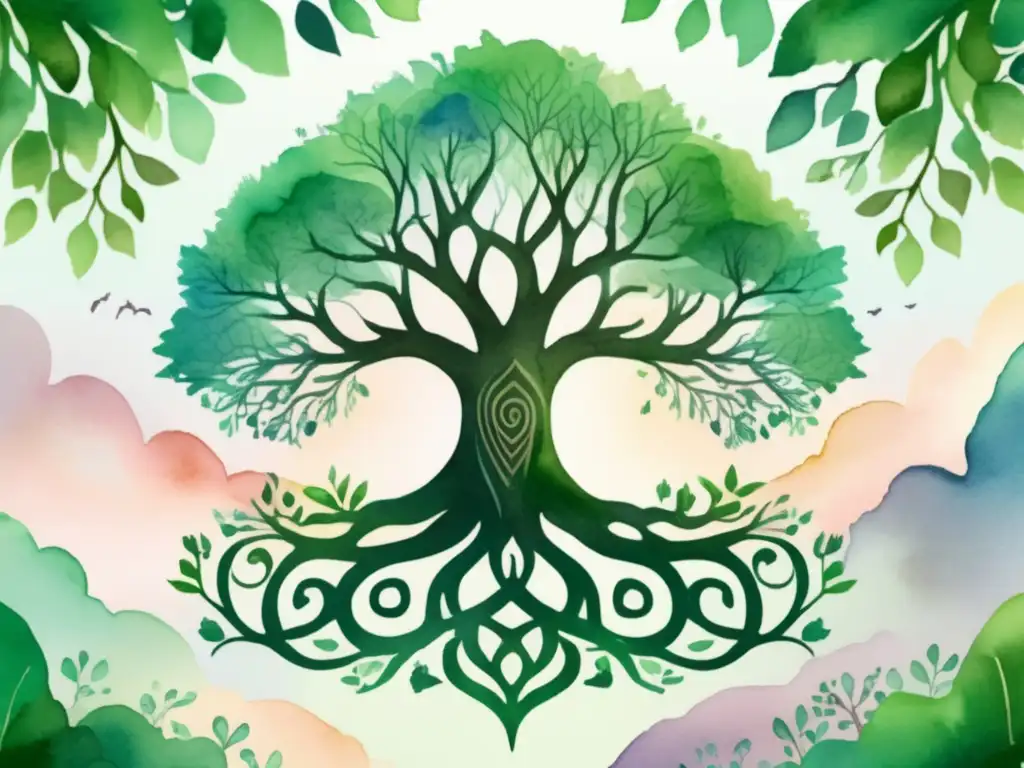 Ilustración vibrante del árbol Yggdrasil, con raíces entrelazadas y hojas verdes